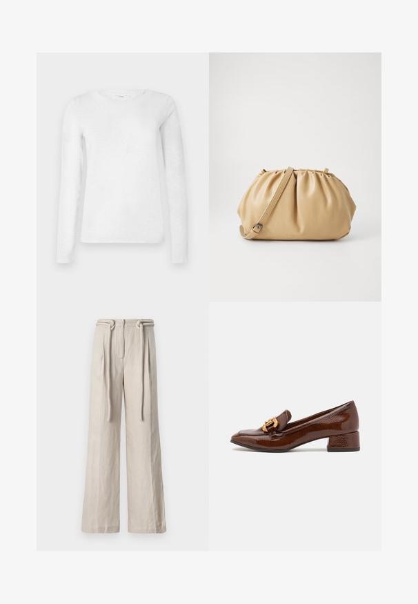 Valge naiste pika varrukaga puuvillane T-särk, ümmarguse kaeluse ja tavalise valge taustaga.; Lahtiste jalgadega heledat beežist linast pükse kõrge vöökohaga, ees volditud ja seotud vöödiga detailiga. Sile tekstuur ja lõdvestatud istuvus.; Pruunid nahast loafersid läikiva viimistlusega, esiosal dekoratiivne kuldne pannal ja madal plokk konts. Klassikaline disain.; Kohvitooni nahkkott, millel on pleekitud disain, reguleeritav rihm ja ümar kuju. Minimalistlik bränding esipinnal.