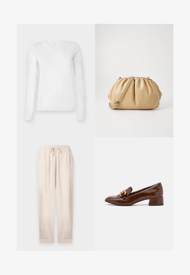 Biela dámska bavlnená tričko s dlhým rukávom a okrúhlym výstrihom, vystavené na jednoduchom bielom pozadí.; Béžové ľanové nohavice s elastickým pásom a šnúrkou na stiahnutie. Obsahujú dve bočné vrecká a voľný strih so rovnými nohavicami.; Hnedé kožené loafers s lesklým povrchom, s dekoratívnym zlatým prackom na prednej strane a nízkym blokovým podpätkom. Klasický dizajn.; Hnedá kožená kabelka s plisovaným dizajnom, nastaviteľným popruhom a zaobleným tvarom. Minimalistické logo na prednej strane.