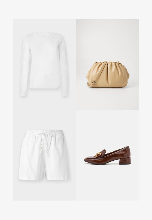 Weißes Langarm-Baumwoll-T-Shirt für Frauen mit Rundhalsausschnitt, auf einem schlichten weißen Hintergrund präsentiert.; Weiße Baumwollshorts mit einem elastischen Bund, Kordelzugdetail und bequemer Passform. Glatte Textur und knielanges Design.; Braune Lederloafers mit glänzender Oberfläche, ausgestattet mit einer dekorativen goldenen Schnalle an der Vorderseite und einem niedrigen Blockabsatz. Klassisches Design.; Tasch in hellbraunem Leder mit gefälteltem Design, verstellbarem Tragegurt und runder Form. Minimalistische Markenkennzeichnung auf der Vorderfläche.