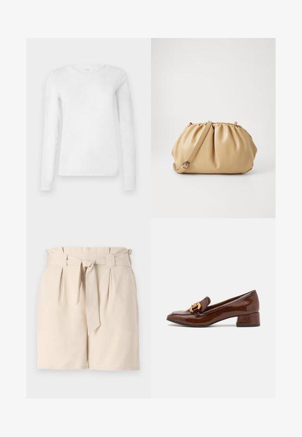 Fehér női hosszú ujjú pamut póló, kerek nyakkivágással, egyszerű fehér háttér előtt kiemelve.; Beige, könnyű anyagból készült, szabott sortok, övvel ellátott derékrésszel, pliszé részletekkel és egyenes szabással.; Barna bőr loaferek fényes felülettel, dekoratív arany csattal az elején és alacsony blokk sarkával. Klasszikus dizájn.; Barna bőr kézitáska ráncolt dizájnnal, állítható pánttal és kerekített formával. Minimalista márkázás az elülső felületen.