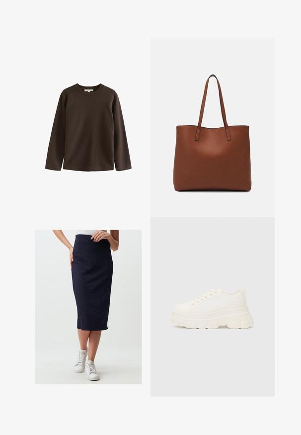 Braunes Langarmshirt aus weicher Baumwolle, mit Rundhalsausschnitt und Raglansleeves, ausgestattet mit einer glatten, schlichten Textur.; Marineblaue Midirock mit strukturiertem Finish, hoher Taille und seitlichem Schlitz. Kombiniert mit weißen Sneakers für einen lässigen Look.; Weiße Leinensneaker mit einer massiven Sohle, abgerundeter Spitze und fünf Ösen für Schnürsenkel. Hinterer Tab für ein einfaches Anziehen. Glatte Textur, minimalistisches Design.; Braune Leder-Tote mit glatter Textur, offenem Oberteil und zwei Schulterriemen. Verfügt über minimale Nähte und keine sichtbaren Beschläge.