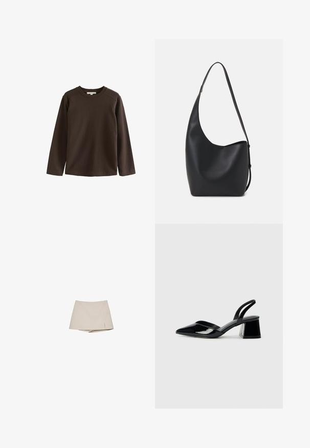 Brun langærmet skjorte lavet af blødt bomuld, med rund halsudskæring og raglanærmer, samt en glat, udekoreret tekstur.; Beige kvinders skorts med en let frontslids og tilknyttede shorts nedenunder, vist på en hvid baggrund.; Sorte patentlæder slingback hæle med spids tå og en geometrisk blok hæl. Har et elegant, minimalistisk design og en glat tekstur.; Sort læder hobo taske med en glat overflade, buet form og en enkelt justerbar rem; har en bred åbning øverst.