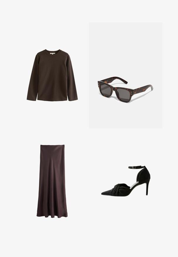 Barna, hosszú ujjú póló, puha pamutból készült, kerek nyakkivágással és raglán ujjakkal, sima, díszítés nélküli textúrával.; Barna, földig érő szoknya sima, könnyű anyagból. Egyszerű, lágy vonalvezetése van, látható minták vagy díszítések nélkül.; Fekete velúr magassarkú cipő hegyes orral, elöl csomózott részlettel, bokapánttal és vékony tűs sarkú.; Tortavérű napszemüveg sötét lencsékkel, négyzet alakú kerettel és ezüst színű díszítő tüskékkel az elején. Műanyagból készült, könnyű és tartós.; Leopárdmintás táska világosbarna és fekete vászonból, kettős felső fogantyúkkal, az elején "Coach New York" felirattal és fém csattal.