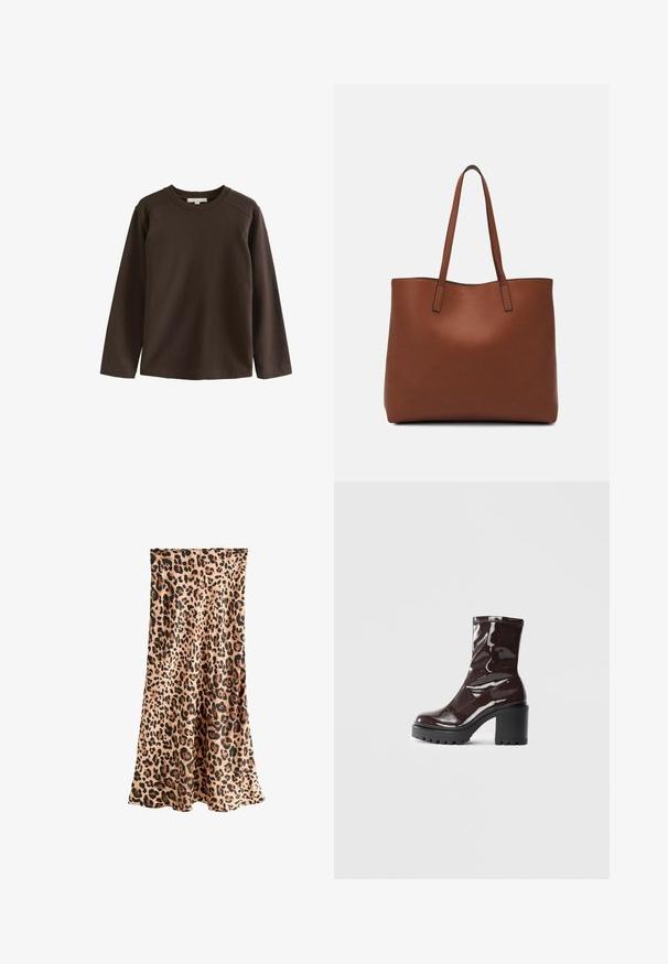 Chemise marron à manches longues en coton doux, dotée d'un col rond et de manches raglan, avec une texture lisse et sans embellissement.; Next PETITE FIT - Jupe longue - leopard; Bottines bordeaux brillantes à talon épais noir, avec une texture lisse et un design simple. Aucune fermeture visible ni motifs.; Sac fourre-tout en cuir marron avec une texture lisse, design à ouverture supérieure et deux poignées pour le porter à l'épaule. Présente des coutures minimales et aucun matériel visible.