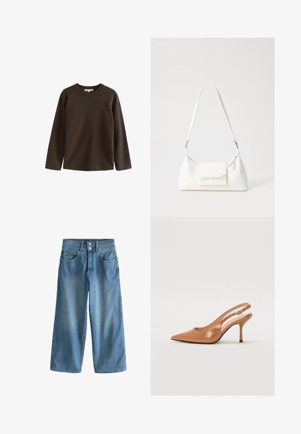 Bruine lange mouwen shirt van zachte katoen, met een ronde hals en raglanmouwen, met een gladde, ongecompliceerde textuur.; Lichtblauwe, wijdvallende denim jeans met een hoogwaardig ontwerp. Heeft twee voorzakken, twee achterzakken en een dubbele knoopsluiting.; Puntige slingback hak in een glad, glanzend beige materiaal. Bevat een gebogen uitsnijdontwerp en een slanke stiletto hak. Zilveren gesp detail.; Witte synthetische handtas met een driehoekige vorm, platte voorklep en strikdetail, verstelbare schouderriem, gladde textuur en minimalistisch ontwerp.