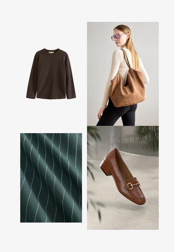 Brūna garām piedurknēm krekls, kas izgatavots no mīksta kokvilnas, ar apaļu kakla izgriezumu un raglanu piedurknēm, ar gludu, bez dekorāciju tekstūru.; Tumši zaļš audums ar gludu tekstūru, kurā ir baltas viļņotas svītras, kas skrien vertikāli, radot smalku rakstu.; Brūni lakoti ādas loaferi ar kvadrātu purngalu, metālisku ķēdes akcentu un zemu blokveida papēdi; gluda tekstūra, minimālisma dizains.; Burgundijas zamšs tote soma ar mīkstu tekstūru, plašu atveri un garām siksnām. Iezīmē vienkāršu dizainu ar redzamām šuvēm un bez aparatūras.