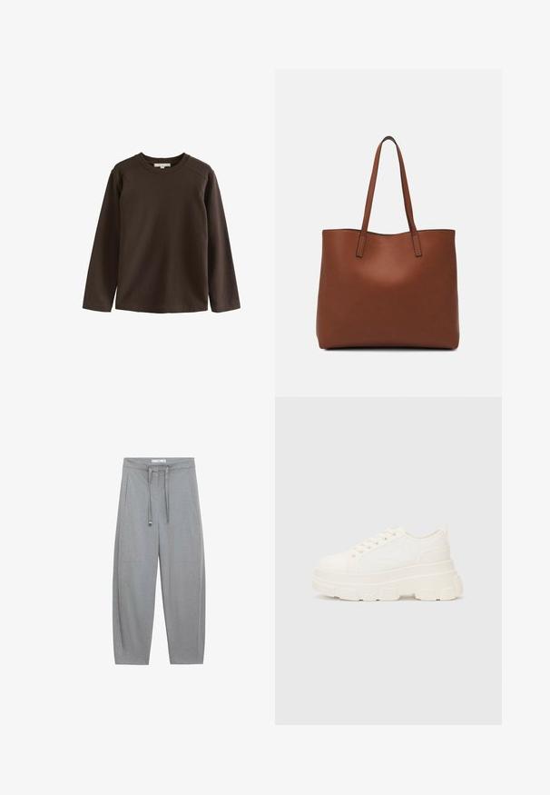 Brown long-sleeve shirt made of soft cotton, featuring a crew neckline and raglan sleeves, with a smooth, unembellished texture.; Grey, wide-leg trousers with a textured fabric, drawstring waist, and two front pockets; tailored design with a minimalistic style.; White canvas sneaker with a chunky sole, rounded toe, and five eyelets for laces. Back tab for easy wear. Smooth texture, minimalist design.; Brown leather tote bag with a smooth texture, open top design, and two shoulder straps. Features minimal stitching and no visible hardware.