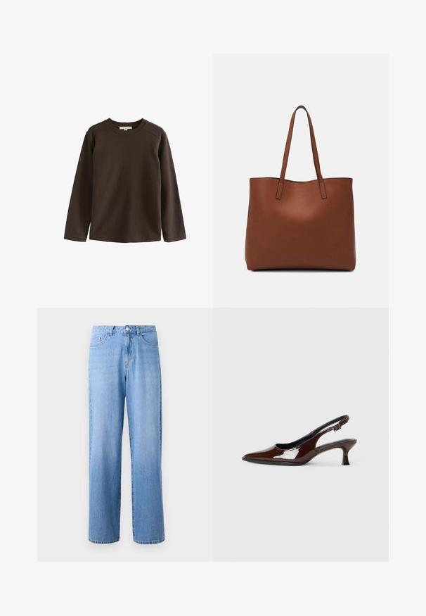 Brūna garām piedurknēm krekls, kas izgatavots no mīksta kokvilnas, ar apaļu kakla izgriezumu un raglanu piedurknēm, ar gludu, bez dekorāciju tekstūru.; Gaiši zila džinsu auduma bikses ar plašu kāju, augstu jostu, piecām kabatām un klasisku pogu aizdari. Audums ir nedaudz izbalējis.; Brūnas patentētas ādas sprauga kurpes ar norādītu pirkstu un mērenu papēdi. Aprīkotas ar sprādzi, lai nodrošinātu drošu fit. Gluda tekstūra.; Brūna ādas iepirkumu soma ar gludu tekstūru, atvērta augšdaļa un divas plecu siksnas. Izceļas ar minimālām šuvēm un redzamu aparatūru nav.