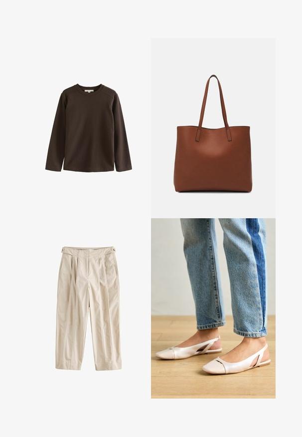 Bruine lange mouwen shirt van zachte katoen, met een ronde hals en raglanmouwen, met een gladde, ongecompliceerde textuur.; Next Broek - stone; Zachtroze slingback ballerina's met een spitse neus, gemaakt van een glad leerachtig materiaal. Bevat uitsnijdingen aan de zijkanten en heeft een platte hak.; Bruine leren tote bag met een gladde textuur, een ontwerp met een open bovenkant en twee schouderbanden. Kenmerkt zich door minimale stiksels en geen zichtbare hardware.