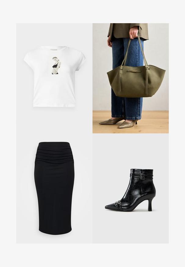 Fehér pamut póló rövid ujjakkal, az elején fekete-fehér fényképnyomattal egy sötét ruházatú alakról.; Fekete ceruzaszoknya, amely magas derékkal és ráncolt textúrával készült rugalmas anyagból. Simító felület, térd feletti stílus, látható fém alkatrészek nélkül.; Tamaris Telitalpú bokacsizmák - black; Olíva zöld vászontáska, dupla fogantyúval, sima felülettel és fém logóval. Kerek forma oldalsó panelek zsebeivel; kék nadrággal párosítva.