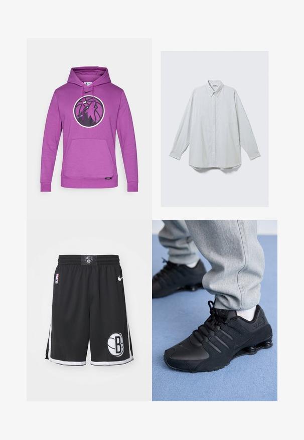 Lila kapucnis pulóver puha anyagból, fekete-fehér kör alakú logóval, amely egy madár mintázatot ábrázol, elülső kenguruszsebbel és húzózsinóros kapucnival.; Hosszú ujjú fehér ing vékony, függőleges szürke csíkokkal, gombos elülső résszel, egyetlen mellzsebbel és hegyes gallérral.; Fekete kosárlabda sort, hálós textúrával, fehér és fekete logóval, valamint ellentétes fehér díszítéssel az oldalakon és a szegélyen.; Fekete Nike Shox sportcipőt és szürke melegítőt viselő személy áll egy világoskék szőnyegen.