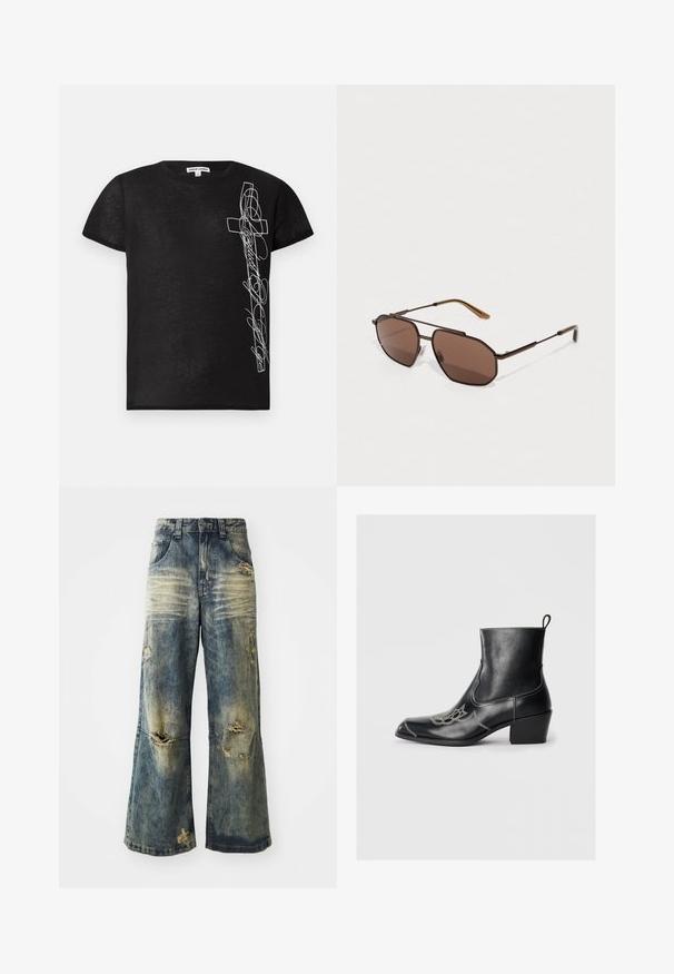 Melnas īsām piedurknēm T-krekls, izgatavots no mīkstas auduma, ar balto izšūto krusta grafiku un stilizētu tekstu kreisajā pusē.; Izbalējuši zilie platā iegriezuma džinsi ar saplēstiem caurumiem un saplīsusi apakšmalu. Iezīmē tradicionālo piecu kabatu dizainu un jostu cilpiņas jostasvietā.; Melnas ādas potītes zābaki ar kvadrātveida purngaliem, dekoratīvu dūrienu un zemu blokveida papēdi. Iekļauts vilkšanas cilpiņa vieglai uzvilkšanai.; Brūnas astoņstūrīgas saulesbrilles ar plānu melnu metāla rāmi, akcentētas ar brūnām kājām. Tumšas tonētas lēcas nodrošina UV aizsardzību.