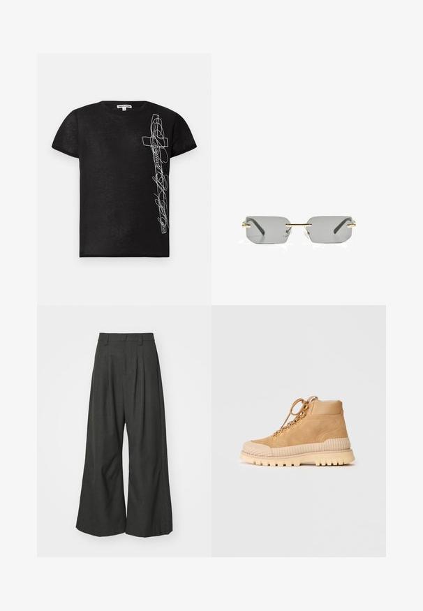 Fekete, rövid ujjú póló, puha anyagból készült, bal oldalon fehér hímzett kereszt ábrával és stilizált szöveggel.; Jaded London GOLIATH TROUSER UNISEX - Nadrágok - grey; Barna velúr magasszárú sportcipők bordázott gumitalppal, kerek orral és fém fűzőlyukakkal; plüss belső béleléssel rendelkezik.; Bershka RECTANGULAR - Napszemüvegek - black
