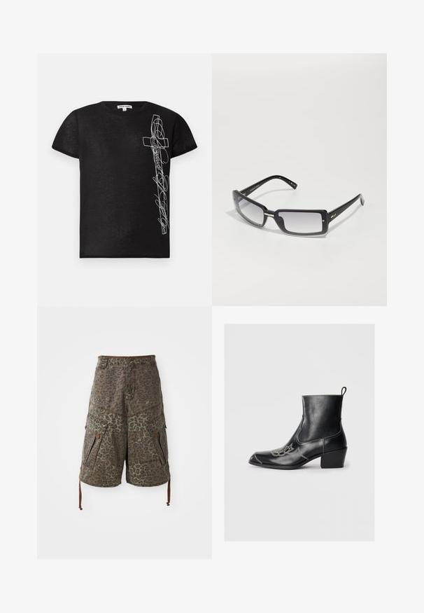 Black short-sleeve T-shirt made of soft fabric, featuring white embroidered graphic of a cross and stylized text on the left side.; Camo cargo shorts in green and brown with leopard print, featuring multiple pockets, adjustable drawstrings, and reinforced stitching details.; Black leather ankle boots with a square toe, decorative stitching, and a low block heel. Features a pull tab for easy wear.; Black rectangular sunglasses with a gradient lens, featuring a thick frame and metal accent details on the arms. Smooth texture throughout.
