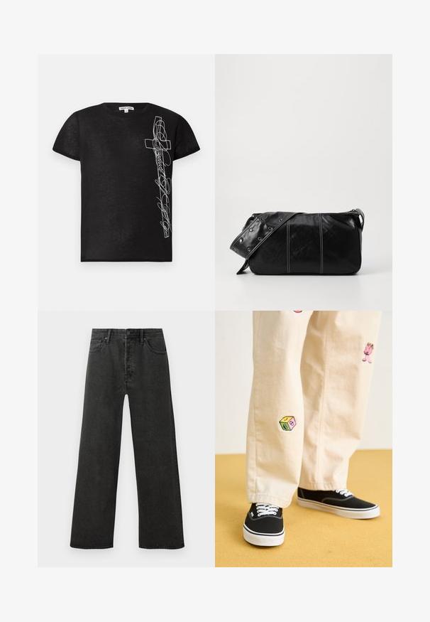 Black short-sleeve T-shirt made of soft fabric, featuring white embroidered graphic of a cross and stylized text on the left side.; Black high-waist straight-leg denim jeans with front button, zip closure, and five-pocket design on a white background.; Beige cotton pants with playful embroidered designs including a pink character and colored block, paired with black lace-up sneakers.; Black leather shoulder bag with a zip closure, featuring a textured body, white stitching, and a strap with silver grommets.