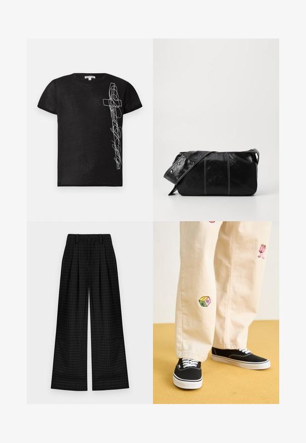 Svart T-skjorte med korte ermer laget av mykt stoff, med hvit brodert grafikk av et kors og stilisert tekst på venstre side.; Svarte rutete brede bukser med legg, med en glatt tekstur og klassisk design. Lett stoff for komfort.; Beige bomullsbukser med lekne broderte design, inkludert en rosa karakter og fargede blokker, kombinert med svarte snørebåndssko.; Svart lær skulderveske med glidelås, med teksturert overflate, hvite sømmer og en stropp med sølvringer.