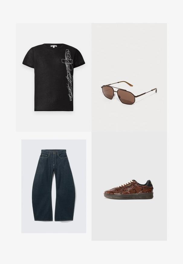 Črna majica s kratkimi rokavi iz mehkega materiala, ki ima na levi strani belo vezeno grafiko križa in stilizirano besedilo.; Temno modre široke kavbojke iz jeansa, s petimi žepi, vidnim šivom, zapenjanjem na gumbe in čistim zaključkom.; Bruarni športni čevlji z vzorcem kače, gladke teksture, črnimi detajli in kremnimi vezalkami; gumijast podplat z vzorcem za boljši oprijem.; Rjave osemkotne sončne očala z tankim črnim kovinskim okvirjem, okrašenim z rjavimi ušesi. Temno obarvani leči nudijo UV zaščito.