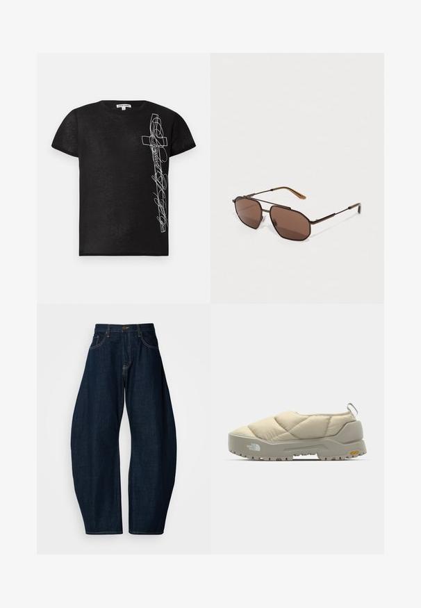 Melnas īsām piedurknēm T-krekls, izgatavots no mīkstas auduma, ar balto izšūto krusta grafiku un stilizētu tekstu kreisajā pusē.; Tumši zili džinsi ar platu kāju dizainu, kas izceļas ar izteiktu šuvju, piecām kabatām un misiņa pogas aizdari jostas vietā.; Klietojami beidzēji beigi zābaki ar pelēku Vibram zoli, apaļu formu un aizmugurējo cilpu. Uz sāniem ir redzams zīmols, un virsma ir teksturēta.; Brūnas astoņstūrīgas saulesbrilles ar plānu melnu metāla rāmi, akcentētas ar brūnām kājām. Tumšas tonētas lēcas nodrošina UV aizsardzību.