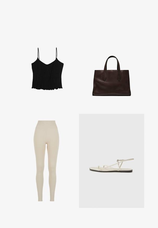 Schwarzes ärmelloses Top mit V-Ausschnitt, aus strukturiertem Stoff gefertigt, mit dünnen Trägern und einem leicht ausgestellten Saum mit gewelltem Rand.; Beige Leggings aus dehnbarem Stoff mit hohem Bund; glatte Textur, figurbetonte Silhouette, keine sichtbaren Muster oder Hardware-Details.; Beige flache Sandale mit mehreren schlanken Riemen und einer verstellbaren Schnalle. Die Sohle ist flach und hat einen leichten dunklen Kontrast am Rand.; Braune Ledertasche mit zwei langen Griffen, strukturierte rechteckige Form, glatte Textur und dezente Nähdetails.