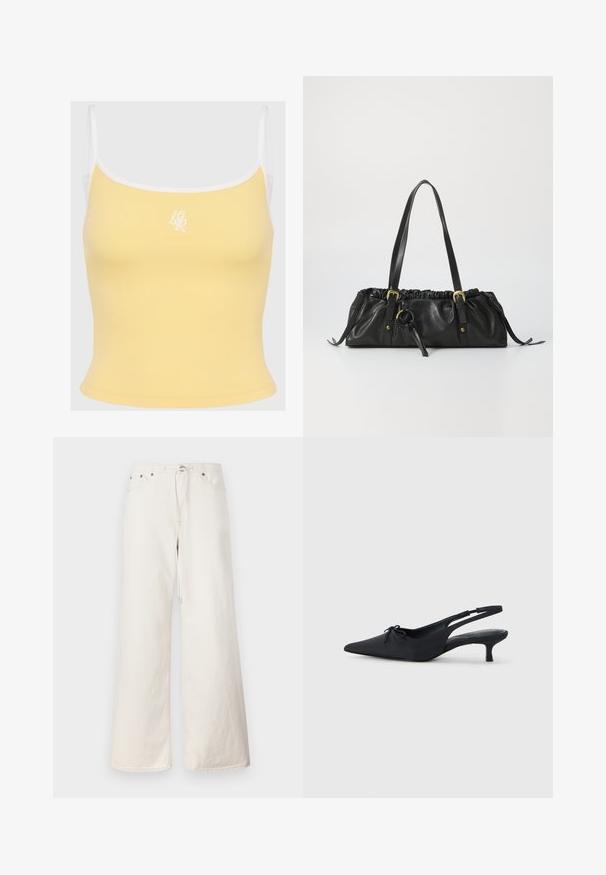 Sárga bordázott ujjatlan felső fehér díszítéssel és állítható pántokkal, az elülső középen diszkrét hímzett logóval. Puha textúrájú anyag.; Fehér, bő szárú farmernadrág, húzózsinórral a derékrészen, elülső zsebekkel és finom varrási részletekkel. Tartós pamutból készült.; Fekete pántos magassarkú cipők hegyes orral, textúrált anyaggal, elöl egy kicsi masni részlettel és szerény, kitten sarkukkal.; Fekete bőr kézitáska, összegyűrt tetejével, két vállpánttal, aranyszínű fémrészekkel és középen elhelyezett kör alakú díszítéssel. Simaság jellemzi, kompakt formájú.