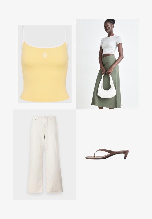 Yellow ribbed tank top with white trim and adjustable straps, featuring subtle embroidered logo at the center front. Soft fabric texture.; White wide-leg denim pants featuring a drawstring waist, front pockets, and subtle stitching details. Made from sturdy cotton material.; Brown heeled flip-flop sandal with a slender strap and rounded toe post, featuring a small gold accent on the footbed.; Gray ribbed crop top and olive green high-waisted skirt. Model holds a white shoulder bag with cut-out detailing. Simple design, fitted silhouette.
