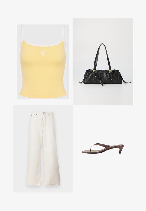 Žltý rebrovaný top bez rukávov s bielym lemovaním a nastaviteľnými ramienkami, s diskrétnym vyšitým logom v strede prednej časti. Mäkká textúra tkaniny.; Biele široké džínsové nohavice s elastickým pásom, prednými vreckami a jemnými detailami šitia. Vyrobené z odolného bavlneného materiálu.; Hnedá platformová žabková sandála s úzkym remienkom a zaobleným prstom, s malým zlatým akcentom na podrážke.; Čierna kožená kabelka s zhromaždeným vrchom, dvoma ramennými popruhmi, zlatými kovovými doplnkami a centrálne umiestneným kruhovým akcentom. Hladká textura, kompaktný tvar.
