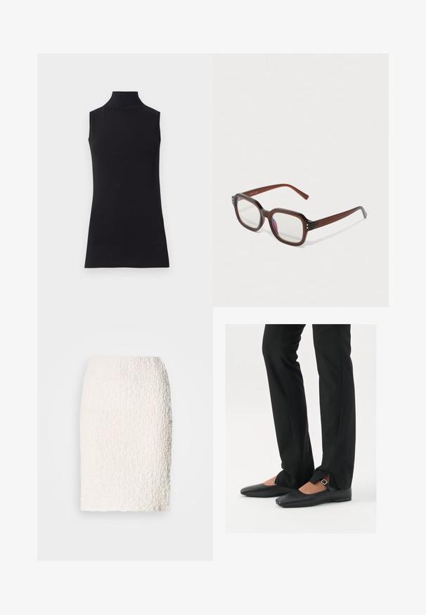 Zwarte mouwloze coltrui, gemaakt van soepele stof. Fitting ontwerp met een hoge kraag en een rechte zoom, minimalistisch en in een effen kleur.; Witte textuur pencil skirt met een iets pluizige oppervlakte, knielang, met een getailleerd ontwerp en zonder zichtbare sluitingen of versieringen.; Zwarte leren balletschoenen met een puntige neus, bandje met een zilveren gesp, gecombineerd met zwarte nauwsluitende broek met een zijsplit.; Bruine doorzichtige rechthoekige bril met heldere lenzen, een lichte paarse reflectie en kleine gouden decoratieve stippen op de voorhoeken.; Zilveren oorbel met een gepolijste afwerking, met kleine gouden accentdetails en een ronde vorm, gedragen op de oorlel.
