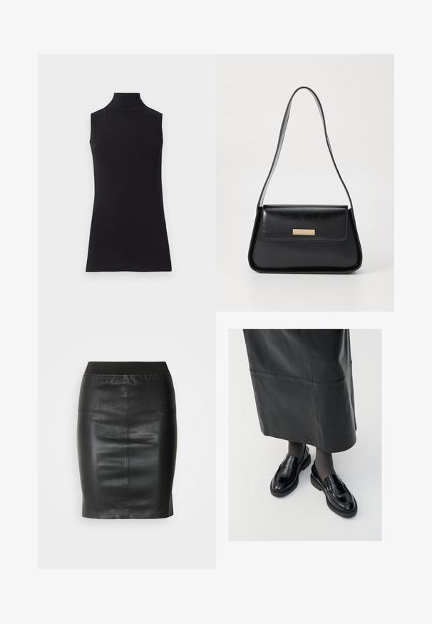 Mustat hihattomat poolopaidat, jotka on valmistettu sileästä kankaasta. Muotoiltu malli, jossa on korkea kaulus ja suora helma, minimalistinen ja yksivärinen.; Musta kynähame, joka on valmistettu sileästä nahasta, sisältää joustavyötärön, joka luo tiiviin siluetin ja minimalistikot suunnittelun.; Musta nahka loaferit sileällä pinnalla, jossa on koristeellinen hihna, pyöreä kärki ja teksturoitu pohja. Yhdistetty pitkän mustan nahkahameen kanssa.; Musta nahkalaukku, jossa on jämäkkä kolmiomainen muoto, kapea hihna ja kultasävyinen varustesarja, jossa on logopainatus etutaskussa.; Hope-silver rengas, joissa on sileä ja kiillotettu pinta. Pyöreä muoto ja turvallinen napsautettava lukitus. Kevyt muotoilu sopii päivittäiseen käyttöön.