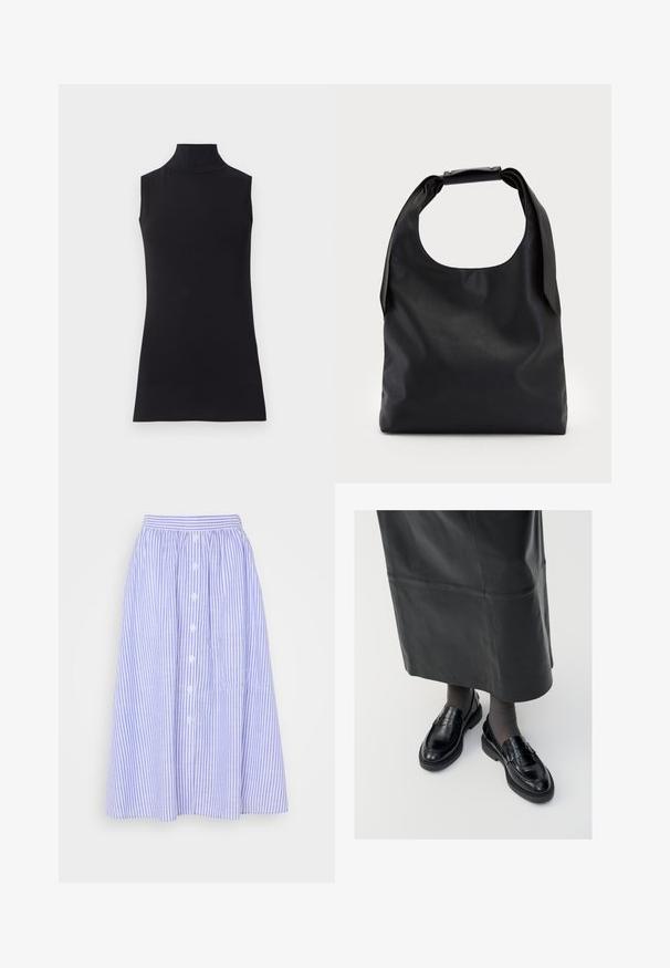 Haut sans manches noir en col roulé, fabriqué à partir d'un tissu lisse. Design ajusté avec un col haut et un ourlet droit, minimaliste et de couleur unie.; Jupe rayée bleu clair et blanche, mi-longue, avec une taille froncée, un devant à boutons, et une texture subtile.; Mocassins en cuir noir avec une finition lisse, ornés d'une bande décorative, à bout rond et avec une semelle texturée. Portés avec une longue jupe en cuir noir.; Sac hobo en cuir noir avec une seule poignée ronde et douce ; présente une texture lisse et un design minimaliste. Pas de matériel ou d'accents visibles.; Boucles d'oreilles en or en forme de cerceau avec une texture et une forme irrégulière. Présentent une fermeture sans couture et une finition polie, soulignant un design moderne.