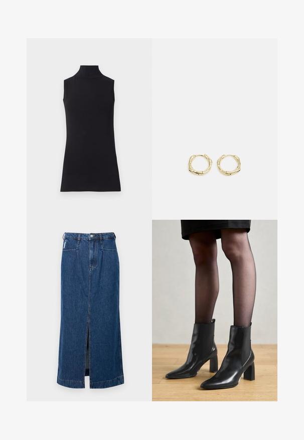 Črna brezrokavna turtleneck majica, izdelana iz gladkega materiala. Prilagojen dizajn z visokim ovratnikom in ravnim robom, minimalistična in enobarvna.; Denim midi krilo v temno modri barvi, ki ima sprednji razporek, zasnovo s petimi žepi in zanko za pas na pasu. Gladka, trpežna tekstura.; Črne usnjene gležnjarje s koničastim nosom, masivnim kvadratnim petam in sleek oblikovanjem. Imajo elastične stranske panele za enostavno obuvanje.; Zlate obročaste uhane z teksturirano, nepravilno obliko. Imajo brezšivno zapiranje in poliširano površinsko obdelavo, kar poudarja sodoben dizajn.