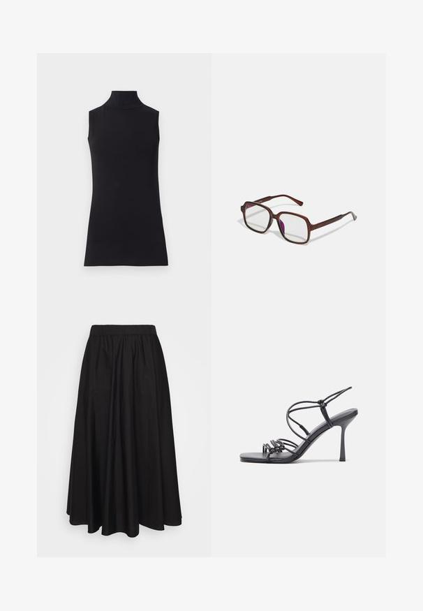 Juodas be rankovių golfo tipo megztinis, pagamintas iš lygaus audinio. Prigludęs dizainas su aukšta apykakle ir tiesia apačia, minimalistinis ir vienos spalvos.; Juoda, plazdanti midi ilgio sijonas, pagamintas iš lengvos medžiagos su elastinga juosmens juosta, turintis lygų tekstūrą ir be matomų raštų ar akcentų.; Juodos aukštakulnės sandalai pasižymi plonyčiais dirželiais su mazgo dizainu, lygiu kvadratiniu pirštu ir elegantišku stiletto kulnu.; Rudos, stačiakampiai akinių rėmeliai su skaidriais lęšiais ir violetiniais atspalviais. Lygus plastikinis rėmas su tiesiomis šventyklomis ir subtiliais akcentais.; Ruda dirbtinės odos petinė piniginė su kreiva forma, minimalia siuvimo linija ir auksinės spalvos įranga. Yra užtrauktuko uždarymas viršuje ir reguliuojama petneša.; Sidabriniai lankelio formos auskarai su lygiu, blizgiu paviršiumi, išlenktos formos ir su užsegimu. Minimalistinio dizaino su moderniu apdaila.