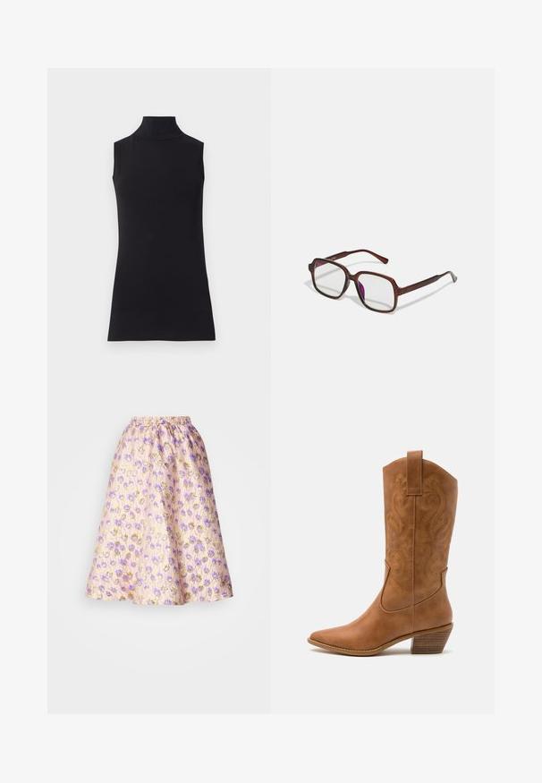 Černá bezrukávová roláková halenka vyrobená z hladkého materiálu. Střih na tělo s vysokým límcem a rovnými lemy, minimalistický a jednobarevný.; Pastelově růžová sukně s květinovým vzorem v purpurové a zlaté barvě, vybavená elastickým pasem a rozšířeným A-liniovým střihem.; Hnědé kožené kovbojské boty s špičatou špičkou, vyšívanými spirálovými vzory na štítech a s blokovým podpatkem. Obsahují poutko pro snadné obouvání.; Hnědé, obdélníkové brýle s průhlednými skly a fialovými odstíny. Hladký plastový rám s rovnými nohami a jemnými akcenty.; Zlaté kruhové náušnice s texturovaným, nepravidelným tvarem. Disponují bezproblémovým uzávěrem a leštěným povrchem, což zdůrazňuje moderní design.