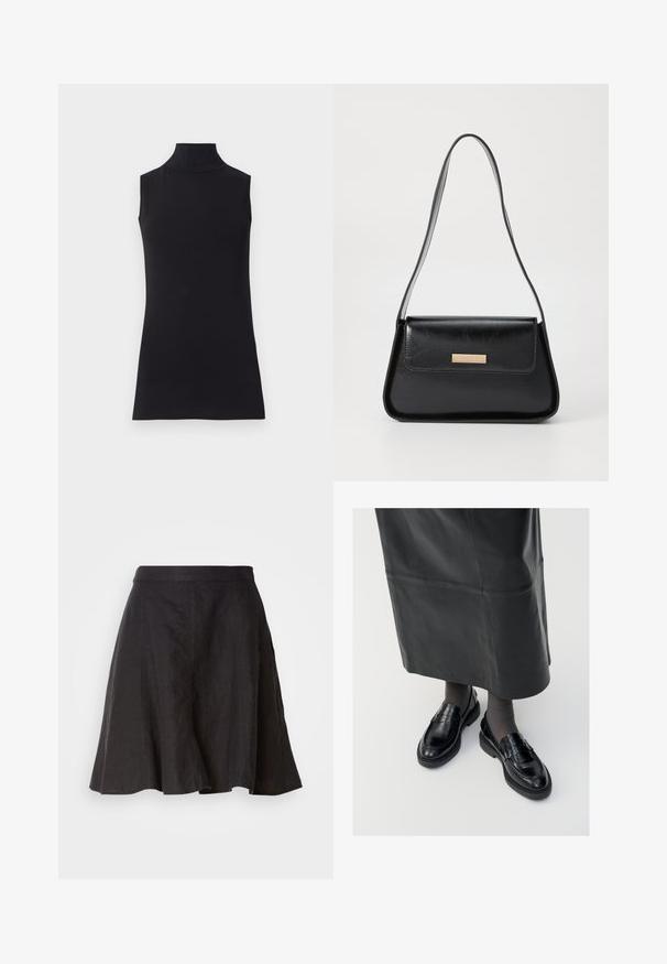 Black sleeveless turtleneck top, made from smooth fabric. Fitted design with a high neck and a straight hem, minimalistic and solid color.; Black linen skirt with a flared design, featuring a waistband and seams. The fabric has a slightly textured finish and falls to knee length.; Black leather loafers with a smooth finish, featuring a decorative strap, round toe, and textured sole. Worn with a long black leather skirt.; Black leather handbag with a structured triangular shape, slim strap, and gold-tone hardware featuring a logo plaque on the front flap.; Gold hoop earrings with a textured, irregular shape. Features a seamless closure and a polished surface finish, emphasizing a modern design.