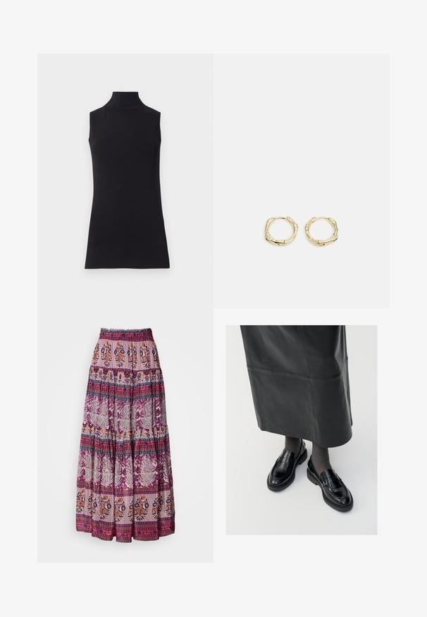 Juodas be rankovių golfo tipo megztinis, pagamintas iš lygaus audinio. Prigludęs dizainas su aukšta apykakle ir tiesia apačia, minimalistinis ir vienos spalvos.; Ilgas, sluoksniuotas sijonas, pagamintas iš lengvos medžiagos purpurinės ir oranžinės spalvų atspalvių, su sudėtingais gėlių ir geometriniais raštais.; Juodos odinės loafer bateliai su glotniu paviršiumi, dekoratyvine juostele, apvalia nosimi ir tekstūruotu padu. Dėvimi su ilga juoda odine sijonu.; Aukso žiedo auskarai su tekstūruotu, netaisyklingu paviršiumi. Yra be siūlių užsegimas ir poliruotas paviršius, akcentuojantis modernų dizainą.