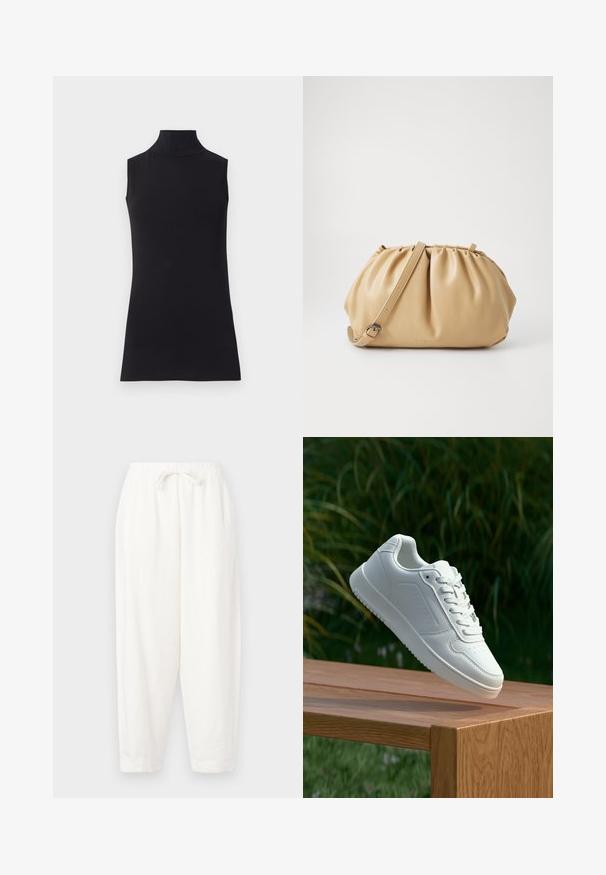 Zwarte mouwloze coltrui, gemaakt van soepele stof. Fitting ontwerp met een hoge kraag en een rechte zoom, minimalistisch en in een effen kleur.; Witte, losse broek gemaakt van lichtgewicht stof. Beschikt over een elastische tailleband met trekkoord en taps toe lopende boorden bij de enkels.; Witte sneaker met een gladde synthetische bovenkant, geperforeerde neus, platte veters en een gestructureerde zool, tentoongesteld op een houten oppervlak.; Tan leren handtas met een geplooid ontwerp, verstelbare schouderriem en een ronde vorm. Minimalistische branding op het vooroppervlak.