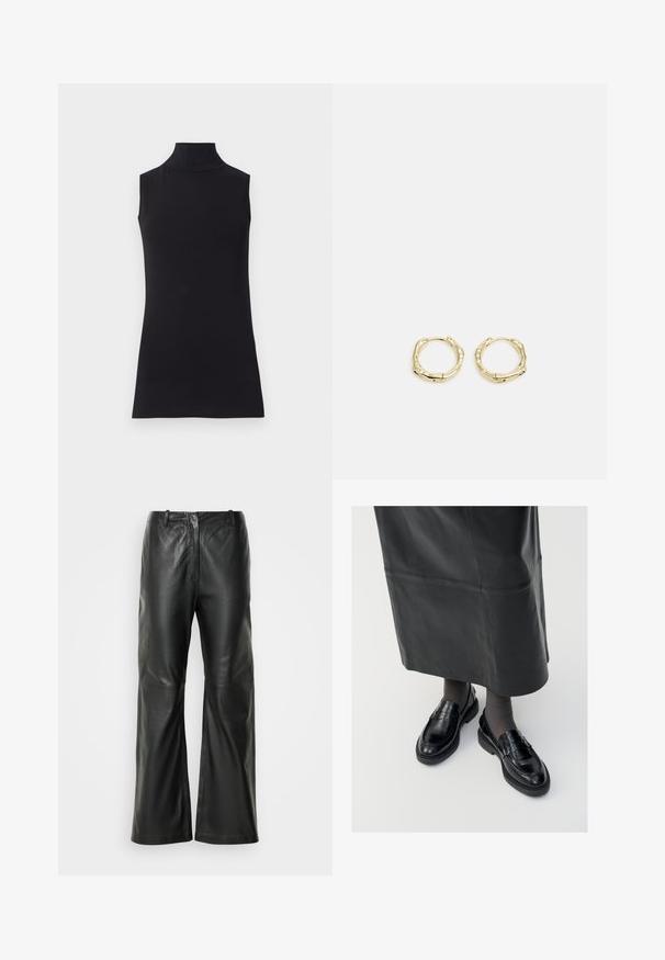 Zwarte mouwloze coltrui, gemaakt van soepele stof. Fitting ontwerp met een hoge kraag en een rechte zoom, minimalistisch en in een effen kleur.; Zwarte leren wijde pijpen broek met een gladde textuur, voorzien van een middelhoge tailleband en minimaal stikseldetail aan de voorkant.; Zwarte leren loafers met een gladde afwerking, voorzien van een decoratieve band, ronde neus en gestructureerde zool. Draagt met een lange zwarte leren rok.; Gouden creolen met een textuur en onregelmatige vorm. Voorzien van een naadloze sluiting en een gepolijste afwerking, wat het moderne ontwerp benadrukt.