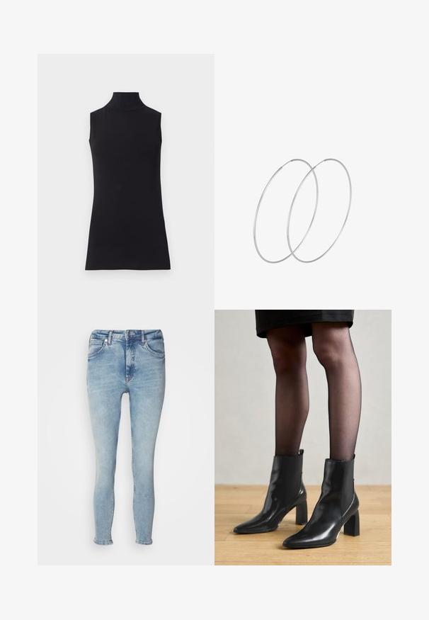 Crna bezrukavna majica s visokim ovratnikom, izrađena od glatkog materijala. Prilagođeni dizajn s visokim ovratnikom i ravnim rubom, minimalistički i u jednobojnoj boji.; Svijetloplave traperice slim kroja, s pet džepova, zatvaračem i blagim izbljeđivanjem sprijeda. Rubovi su podvrnuti na gležnjevima.; Crne kožne gležnjače s šiljastim vrhom, robusnim četvrtastim potplatom i elegantnim dizajnom. Imaju elastične bočne panele za jednostavno oblačenje.; Srebrne okrugle naušnice s minimalističkim dizajnom. Kružni oblik, glatka tekstura i tanak profil. Lagane s poliranim završetkom.
