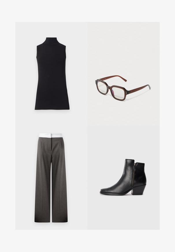 Top preto sem mangas, feito de um tecido liso. Design ajustado com um decote alto e uma bainha reta, minimalista e de cor sólida.; Calças de perna larga em cinza escuro com riscas verticais. A cintura é branca e elástica, criando um detalhe de contraste.; Bota de tornozelo em couro preto com bico fino, fecho lateral e um salto grosso. Textura suave e design minimalista.; Óculos retangulares translúcidos castanhos com lentes claras, leve reflexão púrpura e pequenos pontos decorativos dourados nos cantos frontais.; Brincos de argola de prata com um acabamento liso e polido. Forma redonda com um design ligeiramente curvado e bordas suavizadas. Fecho de pino.