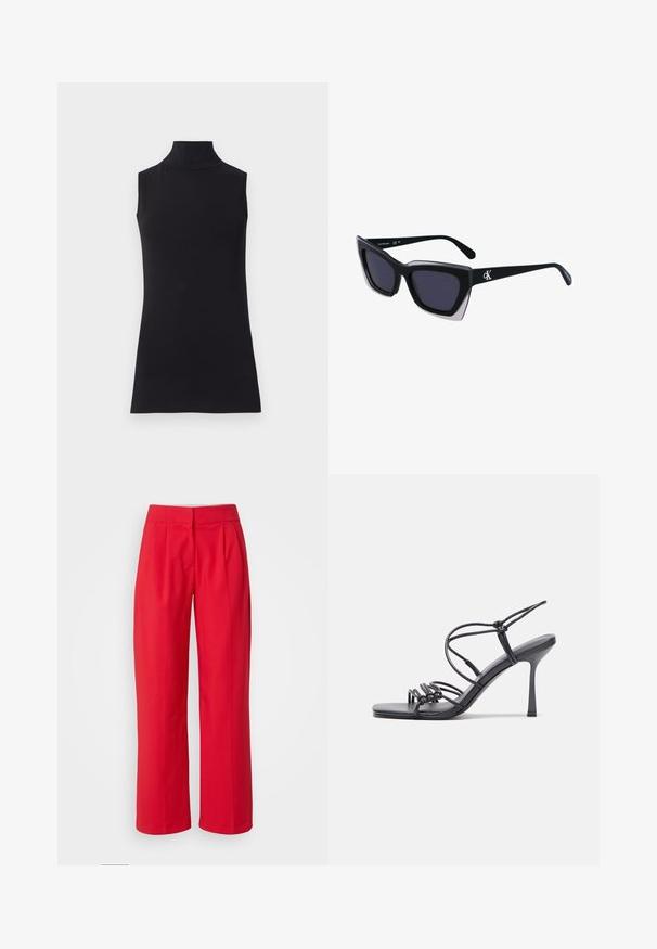 Haut sans manches noir en col roulé, fabriqué à partir d'un tissu lisse. Design ajusté avec un col haut et un ourlet droit, minimaliste et de couleur unie.; Pantalons larges rouges en tissu lisse, dotés de plis frontaux et d'une taille plate. Aucun poches visibles ni détails métalliques.; Des sandales noires à talons hauts avec des fines lanières au design noué, un bout carré lisse et un talon aiguille élégant.; Lunettes de soleil noires surdimensionnées avec une forme géométrique, dotées de verres foncés et d'un détail gris contrastant sur la monture. Logo sur la branche.; Boucles d'oreilles en métal argenté avec une forme larmoyante lisse et une finition polie. Des gravures subtiles ajoutent des détails. Design minimaliste.