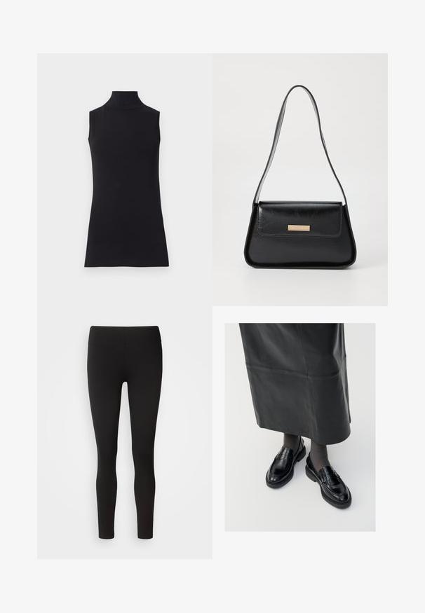 Črna brezrokavna turtleneck majica, izdelana iz gladkega materiala. Prilagojen dizajn z visokim ovratnikom in ravnim robom, minimalistična in enobarvna.; Črne legice iz raztegljive tkanine z brezšivnim pasom, prilegajoča se zasnova in gladka tekstura, primerne za različne aktivnosti.; Črne usnjene loafer čevlje s gladko površino, ki imajo dekorativno srajco, okroglo konico in teksturiran podplat. Nosi se z dolgim črnim usnjennim krilom.; Črna usnjena torbica z obliko trikotnika, ozkim trakom in zlatimi dodatki, ki vključujejo oznako na sprednjem poklopcu.; Zlate obročaste uhane z teksturirano, nepravilno obliko. Imajo brezšivno zapiranje in poliširano površinsko obdelavo, kar poudarja sodoben dizajn.