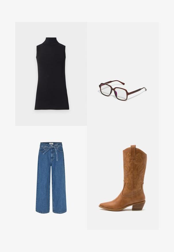 Top negro sin mangas con cuello alto, hecho de una tela suave. Diseño ajustado con cuello alto y dobladillo recto, minimalista y de color sólido.; Jeans de denim de pierna ancha en azul intermedio, con cintura ajustable mediante cordón, diseño tradicional de cinco bolsillos y un acabado suave y ligeramente texturizado.; Bota de vaquero de cuero marrón claro con punta afilada, patrones de espiral bordados en el tubo y un tacón bloque apilado. Cuenta con una pestaña de agarre para facilitar su uso.; Gafas marrones y rectangulares con lentes transparentes y tintes morados. Montura de plástico suave con patillas rectas y detalles sutiles.; Pendientes de aro de plata con un acabado liso y pulido. Forma redonda y cierre de click seguro. Diseño ligero adecuado para el uso diario.