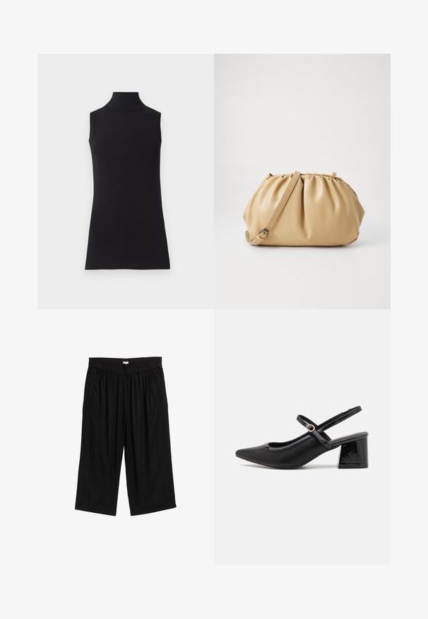 Čierny bezramienkový rolák z hladkej látky. Priliehavý strih s vysokým golierom a rovnými zakončeniami, minimalistický a v jednoliatej farbe.; Čierne culotte nohavice s elastickým pásom, s bočnými vreckami a jemnou, ľahkou tkaninou. Strih je voľný.; Čierne lakované kožené lodičky so slingback dizajnom, špicatou špičkou, zaobleným výrezom a blokovým podpätkom. Obsahuje akcent zlatého tónu s prackou.; Hnedá kožená kabelka s plisovaným dizajnom, nastaviteľným popruhom a zaobleným tvarom. Minimalistické logo na prednej strane.