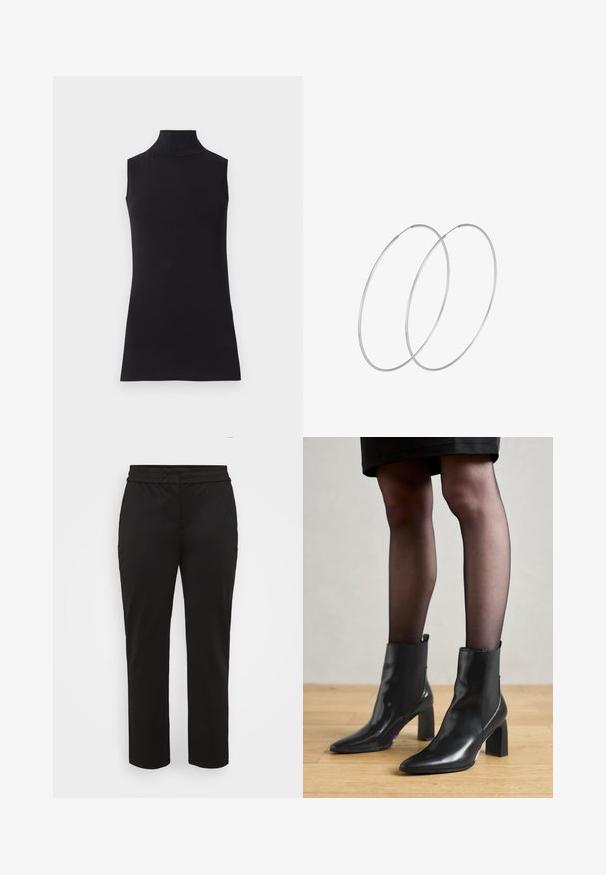 Črna brezrokavna turtleneck majica, izdelana iz gladkega materiala. Prilagojen dizajn z visokim ovratnikom in ravnim robom, minimalistična in enobarvna.; Črne hlače, narejene iz gladkega, elastičnega materiala. Imajo širok, ravno pas in ravno silhueto brez vidnih žepov.; Črne usnjene gležnjarje s koničastim nosom, masivnim kvadratnim petam in sleek oblikovanjem. Imajo elastične stranske panele za enostavno obuvanje.; Srebrne uhane v obliki obroča z minimalističnim dizajnom. Krožna oblika, gladka tekstura in tanek profil. Lahki s poliranim zaključkom.