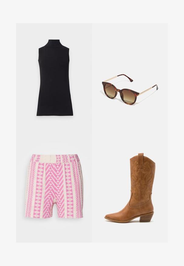 Svart ärmlös polotröja, tillverkad av en mjuk textil. Fitted design med hög krage och rak fåll, minimalistisk och i en enhetlig färg.; Rosa och krämfärgade mönstrade shorts med geometriska mönster. Har en struktur av elastisk midja och en avslappnad passform.; Bruna lädercowboystövlar med spetsig tå, broderade virvelmönster på skaftet och en staplad blockklack. Har en dragflik för enkel påtagning.; Sköldpaddsmönstrade solglasögon med gradientbruna Linser, rundad form och guldfärgade metalldetaljer vid bågarna.; Guldörhängen i form av ringar med en texturerad, oregelbunden form. Har en sömlös stängning och en polerad yta som betonar en modern design.