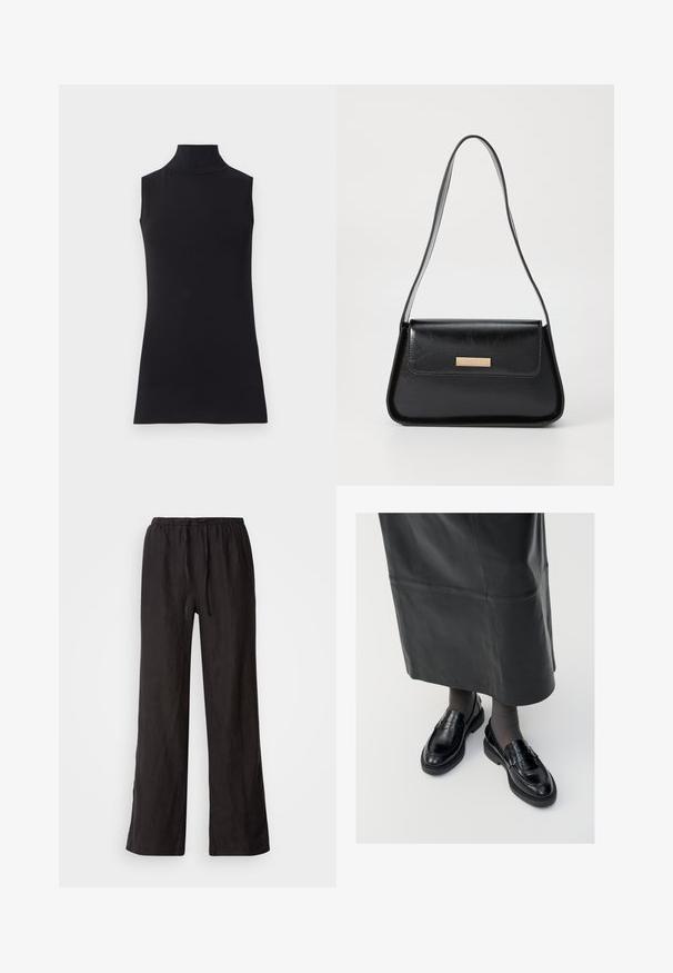 Černá bezrukávová roláková halenka vyrobená z hladkého materiálu. Střih na tělo s vysokým límcem a rovnými lemy, minimalistický a jednobarevný.; Černé volné kalhoty s elastickým pasem a šňůrkou. Vyrobené z lehkého materiálu s hladkou texturou a rovnými nohavicemi.; Černé kožené polobotky s hladkým povrchem, zdobené páskem, s kulatou špičkou a texturovanou podrážkou. Nosené s dlouhou černou koženou sukní.; Černá kožená kabelka se strukturovaným trojúhelníkovým tvarem, štíhlým popruhem a zlatými kovovými prvky, na přední klopě s logovými destičkami.; Zlaté kruhové náušnice s texturovaným, nepravidelným tvarem. Disponují bezproblémovým uzávěrem a leštěným povrchem, což zdůrazňuje moderní design.