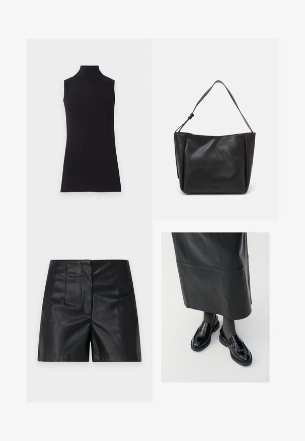 Schwarzes ärmelloses Rollkragenoberteil, aus glattem Stoff hergestellt. Eng anliegendes Design mit hohem Kragen und geradem Saum, minimalistisch und in einfarbiger Ausführung.; ONLY ONLRAVEN HERO - Shorts - black; Schwarze Lederloafers mit glatter Oberfläche, verziert mit einem dekorativen Riemen, runder Zehenpartie und texturierten Sohlen. Getragen mit einem langen schwarzen Lederrock.; Calvin Klein GRACIE MEDIUM - Handtasche - black