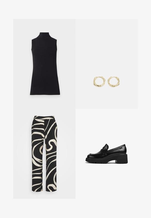 Črna brezrokavna turtleneck majica, izdelana iz gladkega materiala. Prilagojen dizajn z visokim ovratnikom in ravnim robom, minimalistična in enobarvna.; Črne hlače z visokim pasom, širokimi nogami in boldnim belim abstraktnim vzorcem zavojnic. Narejene so iz gladkega, lahkega materiala.; Črne usnjene molerke s debelim petom in širokim podplatom ter trakom čez zgornji del, prikazane s strani na beli podlagi.; Zlate obročaste uhane z teksturirano, nepravilno obliko. Imajo brezšivno zapiranje in poliširano površinsko obdelavo, kar poudarja sodoben dizajn.
