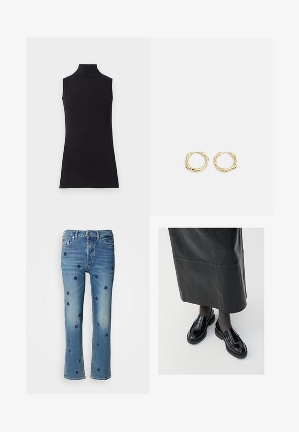 Crna bezrukavna majica s visokim ovratnikom, izrađena od glatkog materijala. Prilagođeni dizajn s visokim ovratnikom i ravnim rubom, minimalistički i u jednobojnoj boji.; Svijetloplave traperice ravnog kroja, ukrašene tamnoplavičastim cvjetnim vezom i efektom trošenja oko džepova i donjeg ruba.; Crne kožne mokasine s glatkom završnom obradom, s dekorativnom trakicom, okruglim vrhom i teksturiranom potplatom. Nosi se s dugom crnom kožnom suknjom.; Zlatne okrugle naušnice s teksturiranim, nepravilnim oblikom. Imaju nevidljivo zatvaranje i polirani završni sloj, što naglašava moderan dizajn.
