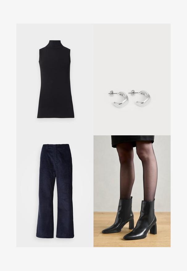 Top fără mâneci, de culoare neagră, confecționat dintr-un material neted. Design ajustat cu guler înalt și tiv drept, minimalist și de culoare solidă.; Pantaloni largi din corduroy marine cu nervuri verticale, talie elastică și fără prindere vizibilă. Textură moale și croială lejeră.; Botine negre din piele, cu vârful ascuțit, toc pătrat masiv și un design elegant. Au panouri laterale elastice pentru o îmbrăcare ușoară.; Cercei rotunzi din argint cu o finisare netedă și lustruită. Formă rotundă cu un design ușor curbat și margini armonizate. Închidere cu pini.