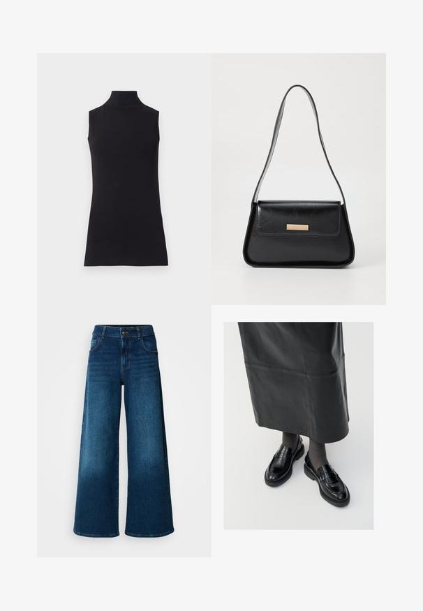 Top preto sem mangas, feito de um tecido liso. Design ajustado com um decote alto e uma bainha reta, minimalista e de cor sólida.; Jeans de perna larga feitos de denim azul escuro. Apresentam uma cintura alta, fecho de botão e um design clássico de cinco bolsos com um leve desbotado.; Mocassins de pele preta com um acabamento liso, apresentando uma fita decorativa, bico redondo e sola texturizada. Usados com uma saia longa de pele preta.; Bolsa de couro preta com uma forma triangular estruturada, alça fina e metalização dourada, apresentando uma placa de logotipo no flap frontal.; Brincos de argola dourados com um formato irregular e texturizado. Apresentam um fecho sem emenda e um acabamento polido, destacando um design moderno.